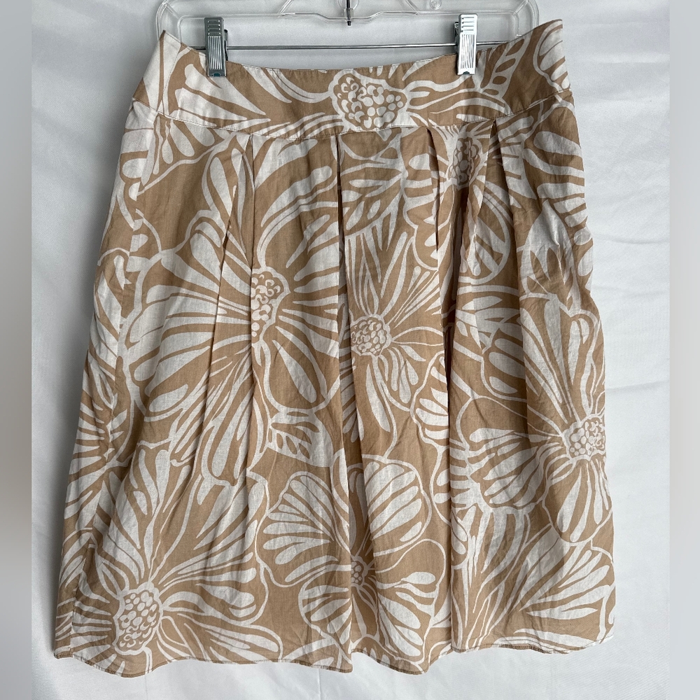 Allison Taylor 100% Cotton Floral Pleated A-Line Skirt, Tan And White Size 10